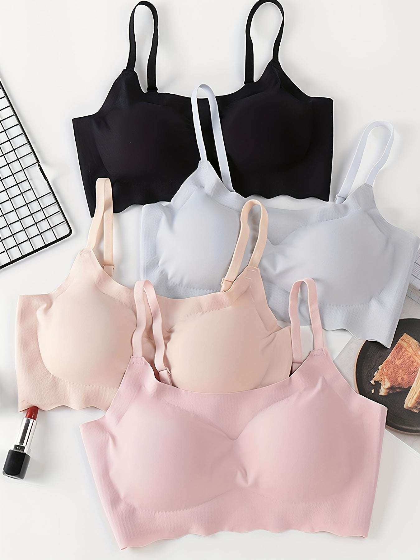 4 Seamless Solid Bralettes Comfortable Adjustable Straps Intimates Bra