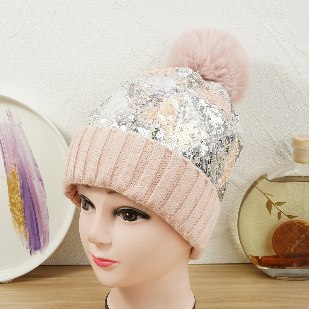 Glitter Sequins Winter Beanie Hat with Faux Fur Pom Pom