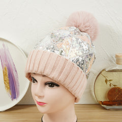 Glitter Sequins Winter Beanie Hat with Faux Fur Pom Pom
