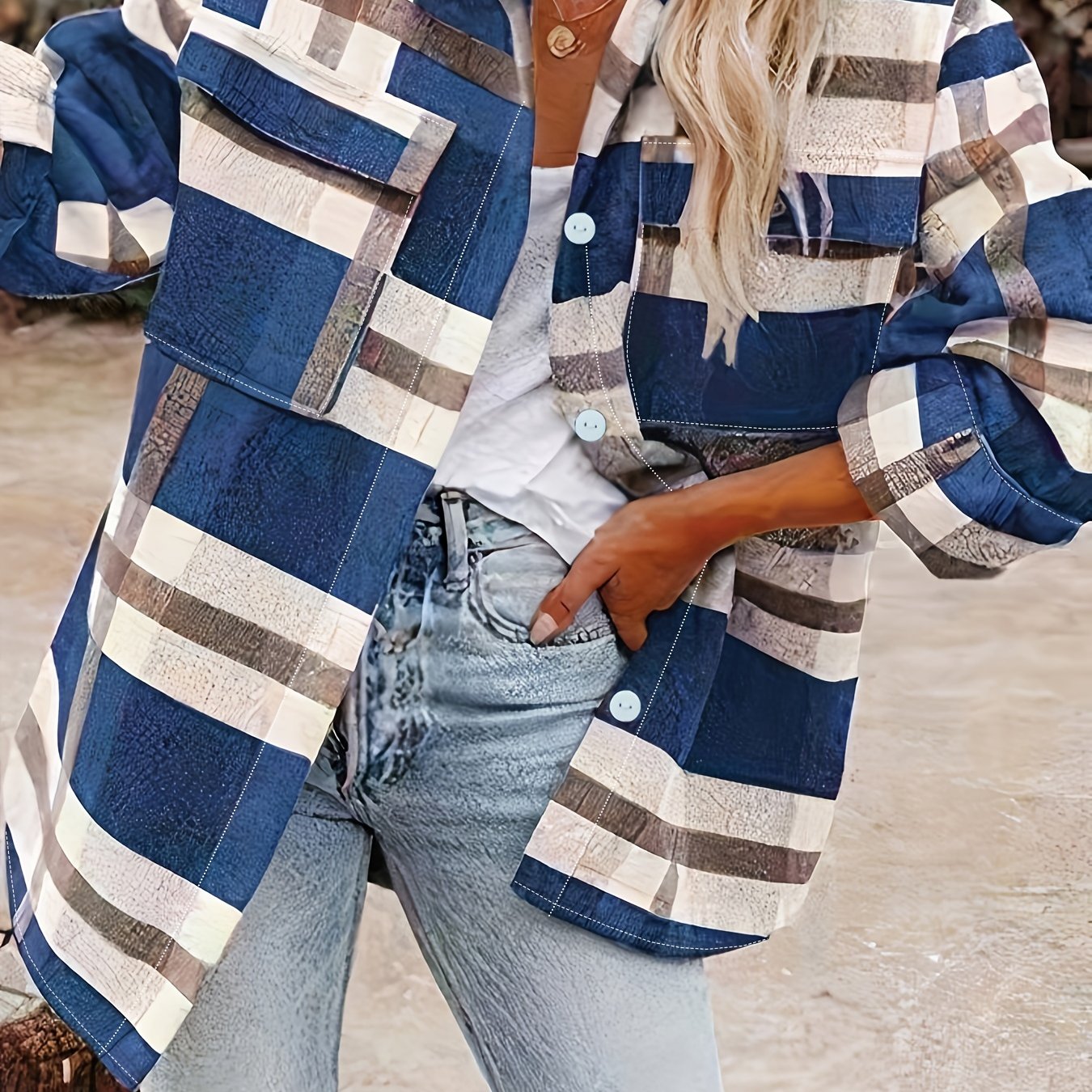  Plaid Print Button Up Long Sleeve Blouse