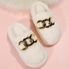 Women's Fluffy Platform Slippers with Chain Detail