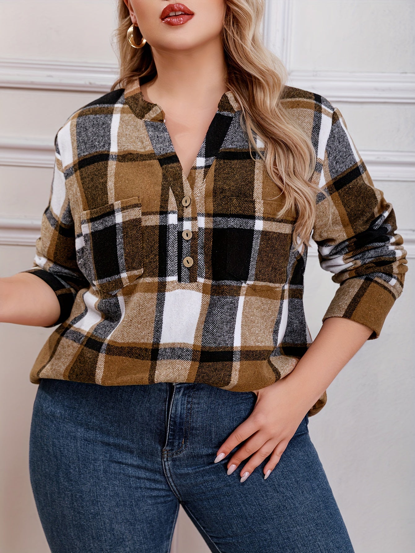  Plaid Print Button Up Long Sleeve V Neck Loose Fit Shirt Top