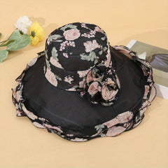 Chiffon Ruffles Floral Bucket Hat Wide Brim Sunscreen Fisherman Cap