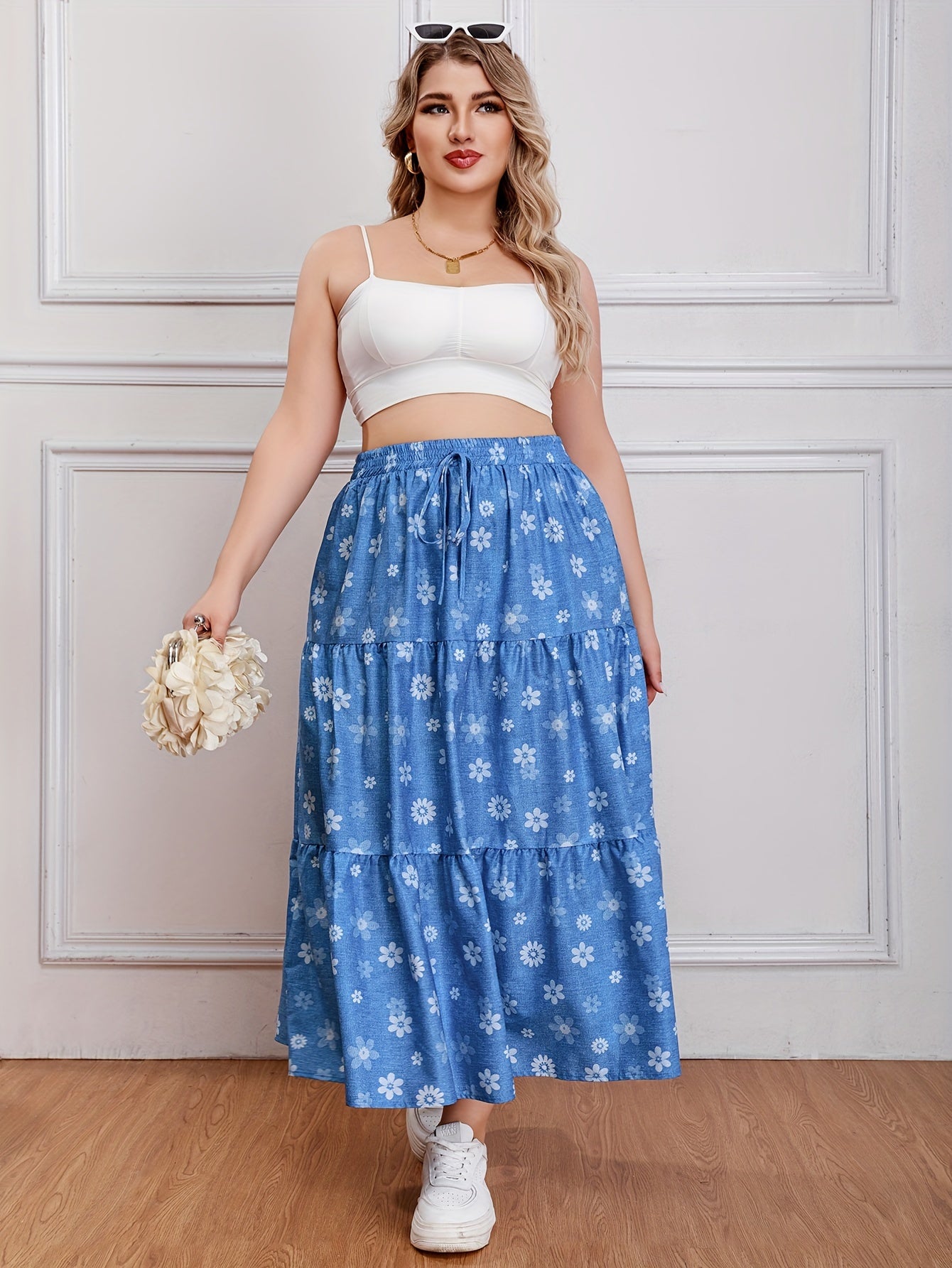  Floral Print Drawstring Maxi Skirt