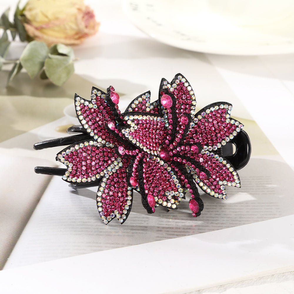 Rhinestone Double Flower Hair Clip Crystal Barrettes Bling Wedding Clips