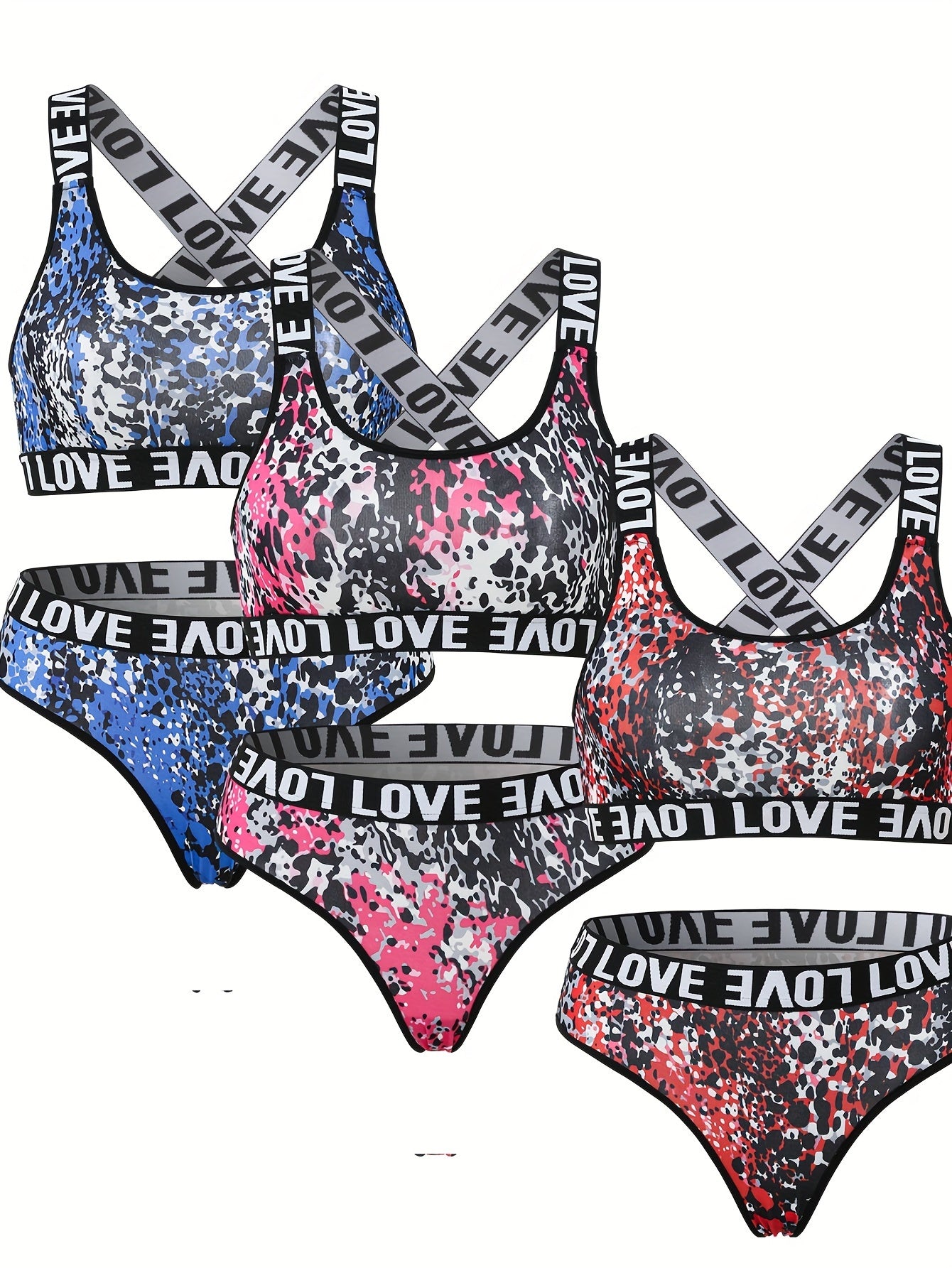 Leopard Bra & Panties Set Criss Cross Back Sports Bra & Letter Print Panties