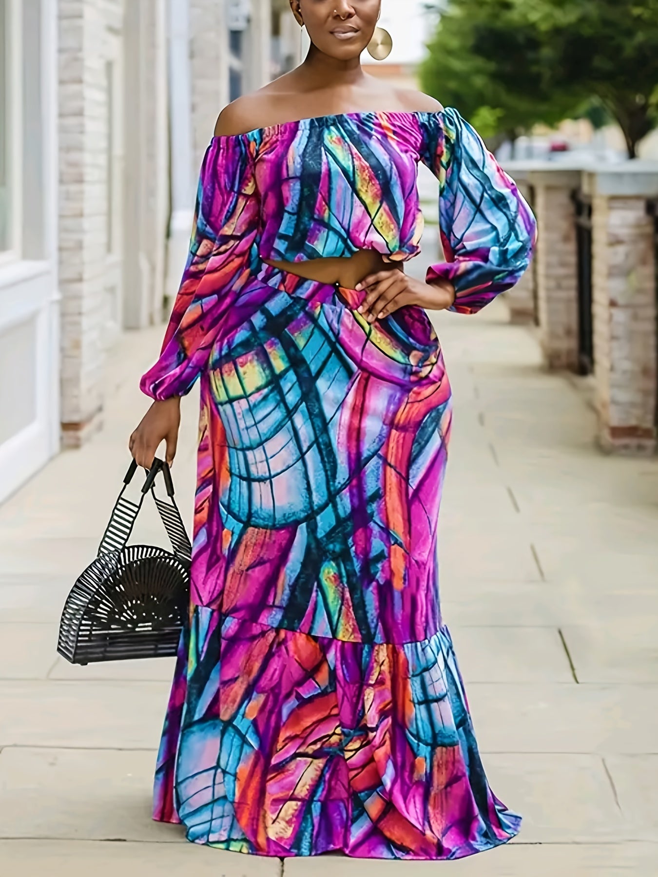  Women's Random Print Off Shoulder Top & Mermaid Skirt Set