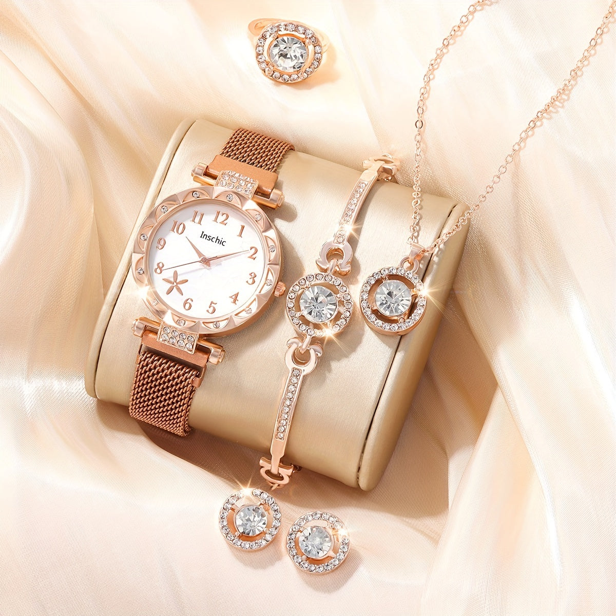 School Student Digital Rhinestone Quartz Wrist Watch & 5pcs Jewelry Set
