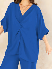  Solid Twist Front Bat Sleeve Top & Wide Leg Pants Set