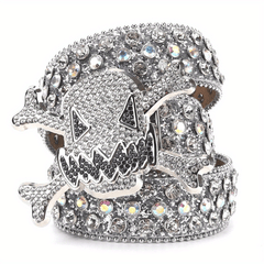 Big Rhinestone Skull Buckle Belt Punk Stone Crystal Studded Waist Strap For Men