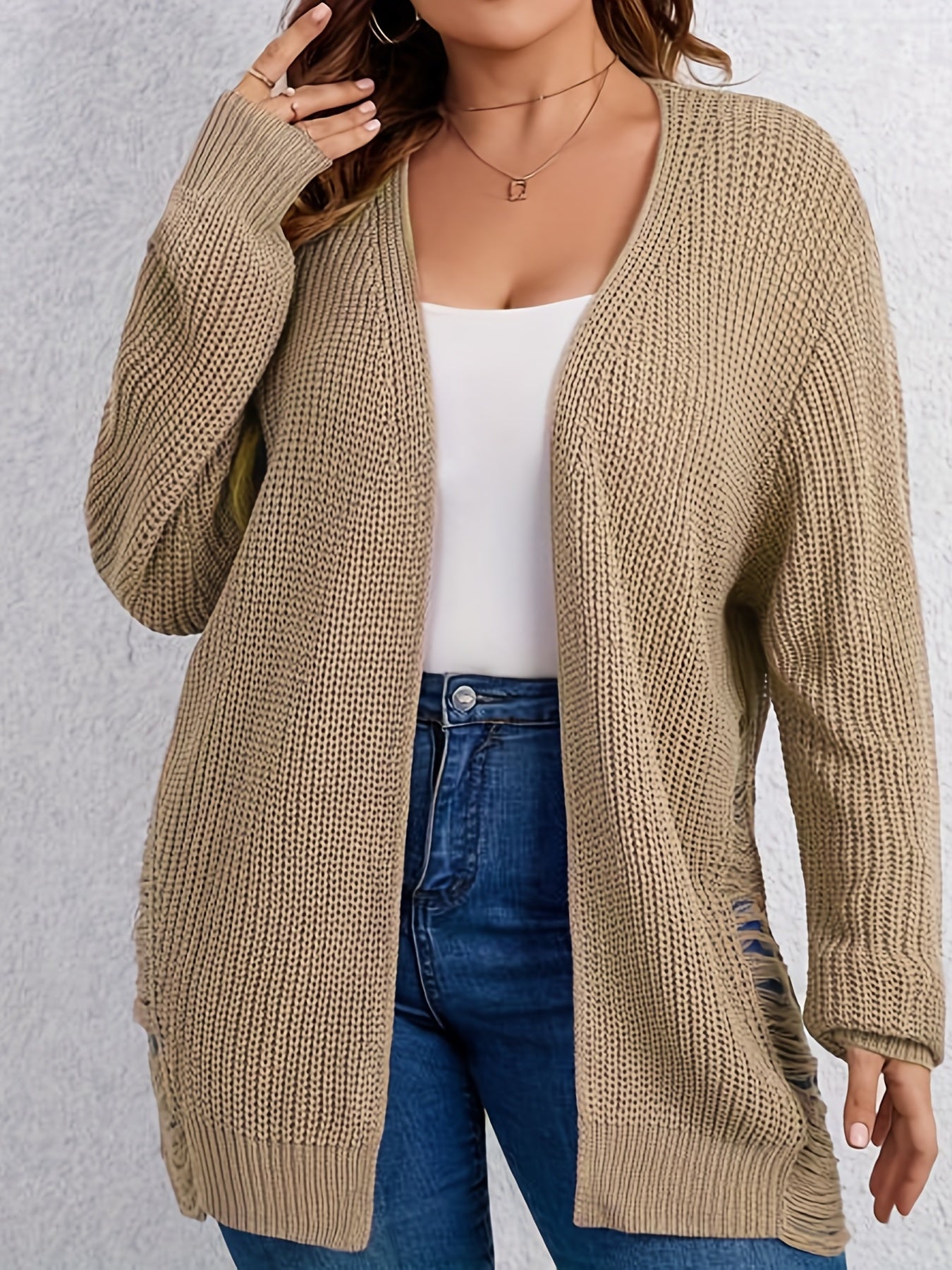  Solid Ripped Lantern Sleeve Open Front Cardigan