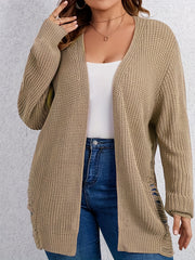  Solid Ripped Lantern Sleeve Open Front Cardigan