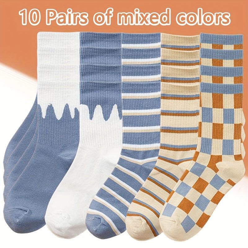 10 Pairs Plaid & Striped Print Socks Women's Stockings & Hosiery