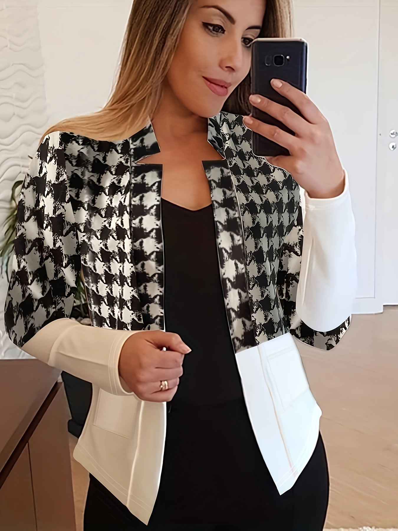  Colorblock Houndstooth Print Long Sleeve Slim Fit Blazer