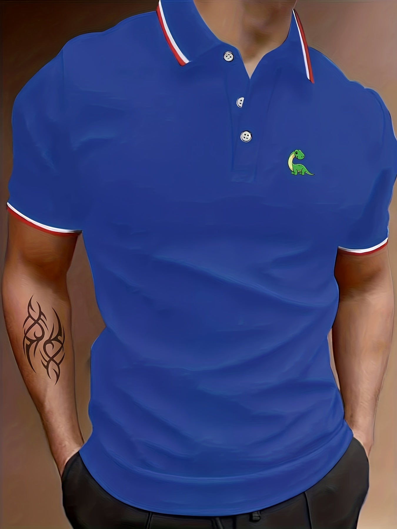 Dinosaur Print Men's Polo Shirt Casual Stretch Breathable Button Up Top