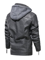 Men's Zipper Hoodie Autumn Winter Solid PU Faux Leather Jacket