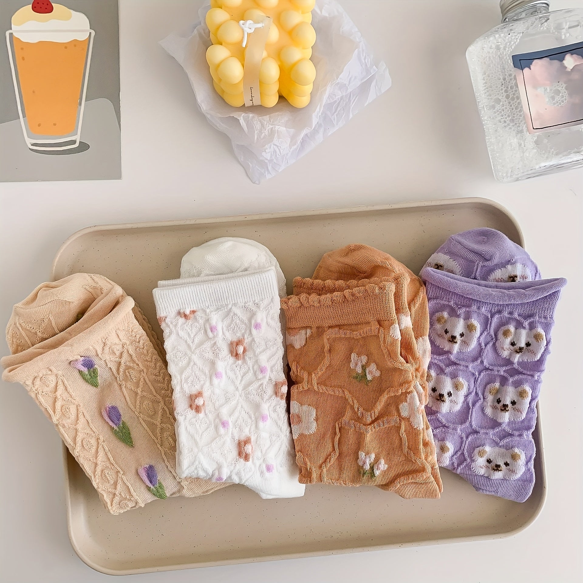 4 Pairs Floral Print Textured Socks Women's Stockings