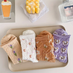 4 Pairs Floral Print Textured Socks Women's Stockings