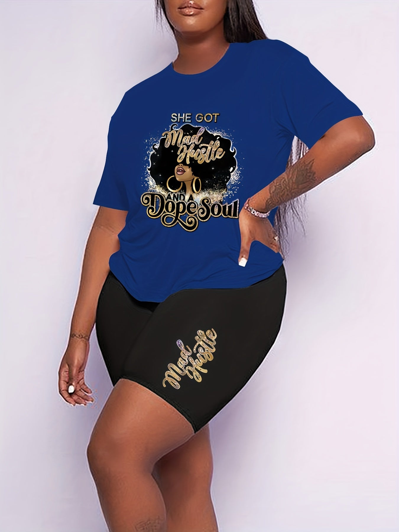  Slogan & Figure Print Short Sleeve Top & Shorts Set