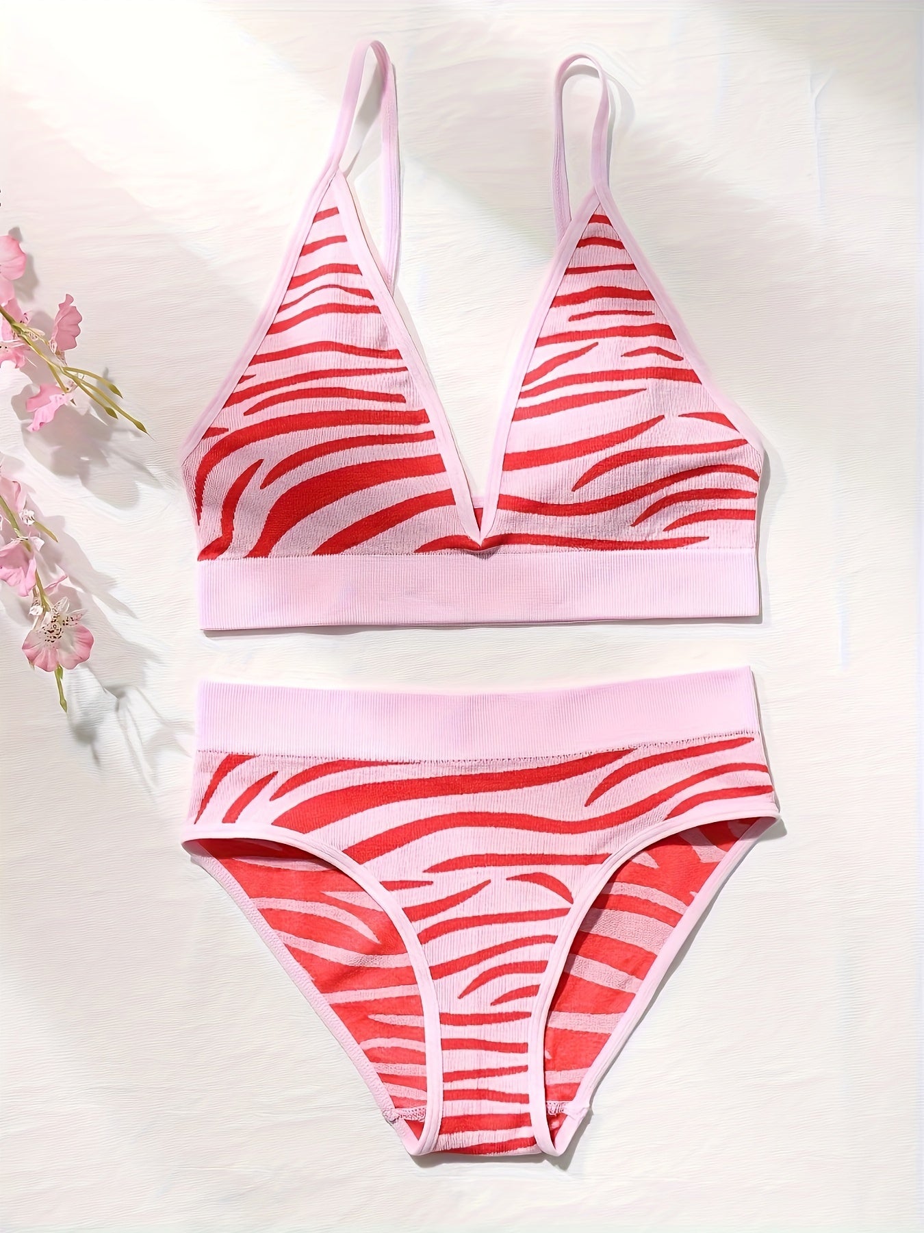 Christmas Stripe Print Bra & Panties Lingerie Set