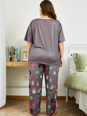  Owl Print Short Sleeve Top & Leaf Pants Pajama Set