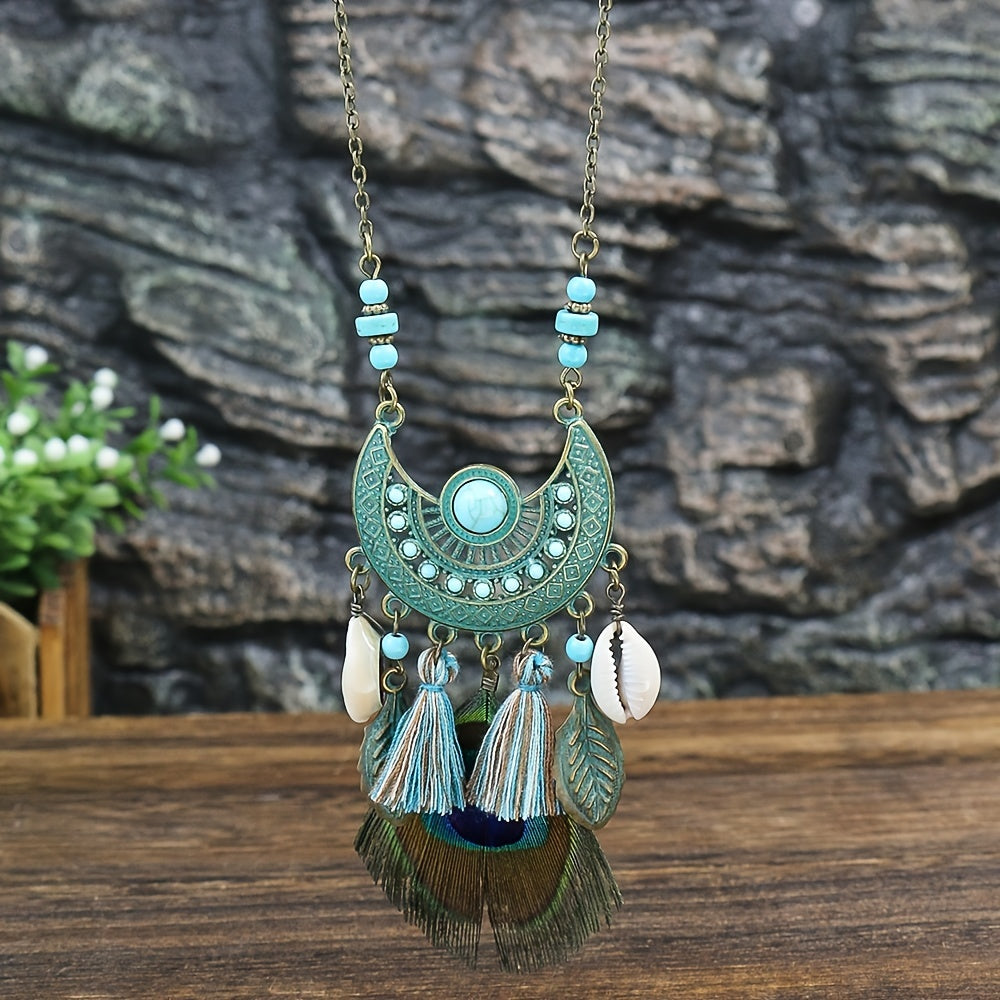 Boho Style Pendant Necklace Feather Tassel & Shell Pendant