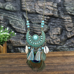 Boho Style Pendant Necklace Feather Tassel & Shell Pendant