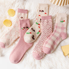 5 Pairs Cartoon Print Socks Cute & Comfy Mid Tube Stockings Women's Hosiery