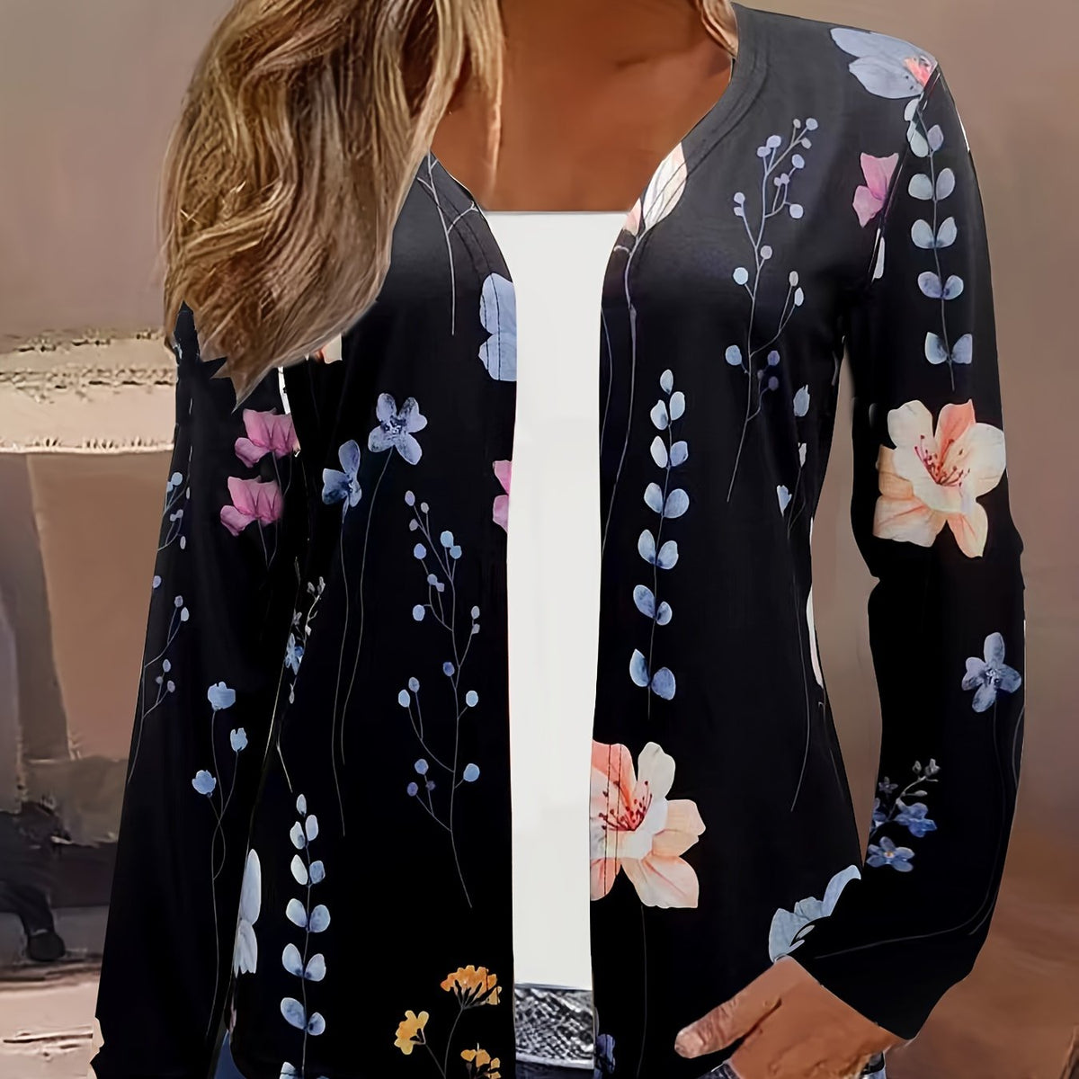 Floral Print Open Front Cardigan Long Sleeve - Women's Clothing