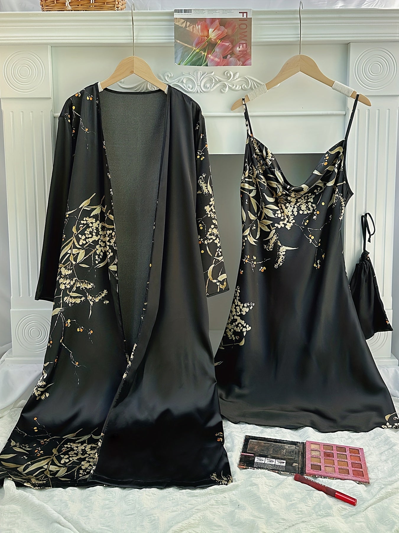 Floral Print Pajama Set & Robe Long Sleeve Sleepwear