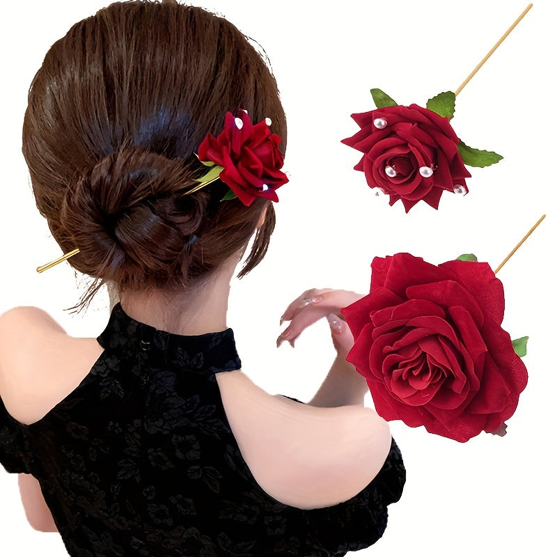 Simulation Rose Hairpin Floral Hair Stick Ponytail Holder