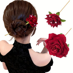Simulation Rose Hairpin Floral Hair Stick Ponytail Holder
