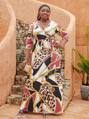  Chain Print Surplice Neck Maxi Dress With Belt
