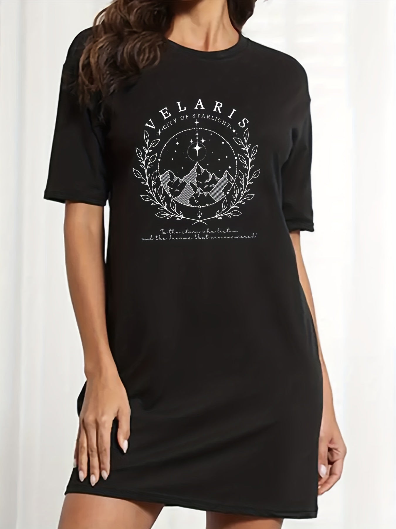 Women's Tee Dress Mountain & Slogan Print Short Sleeve Round Neck