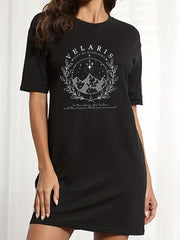  Women's Tee Dress Mountain & Slogan Print Short Sleeve Round Neck
