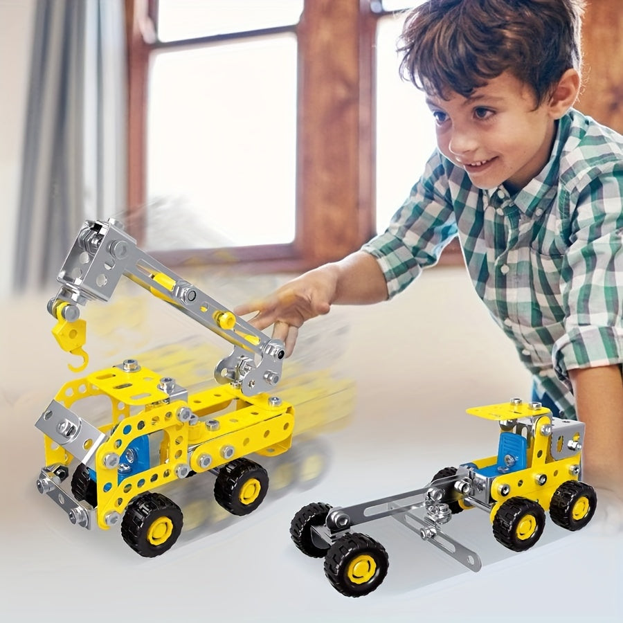 180pcs Metal Steam Kit 7 in 1 Engineering Vehicle Model Yellow