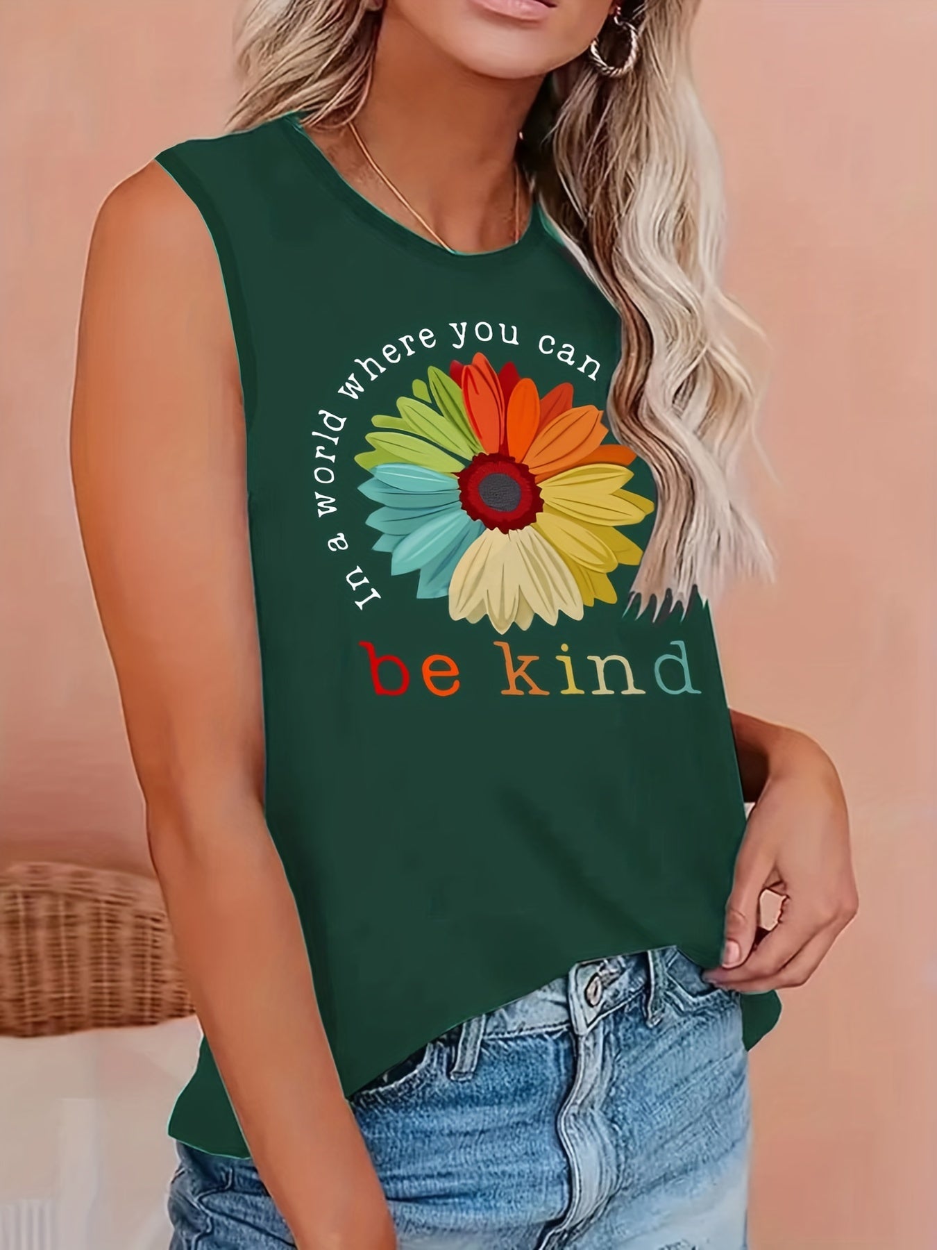  Sunflower & Slogan Print Tank Top