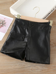 Girls PU Leather Patched Pocket Shorts Winter Clothes
