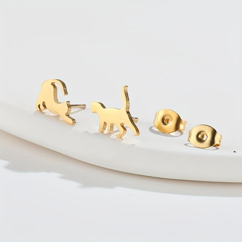 Small Stainless Steel Cat Stud Earrings For Men