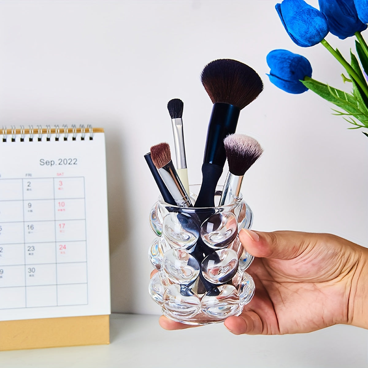 Transparent Pen Holder Round Glass Storage Bucket