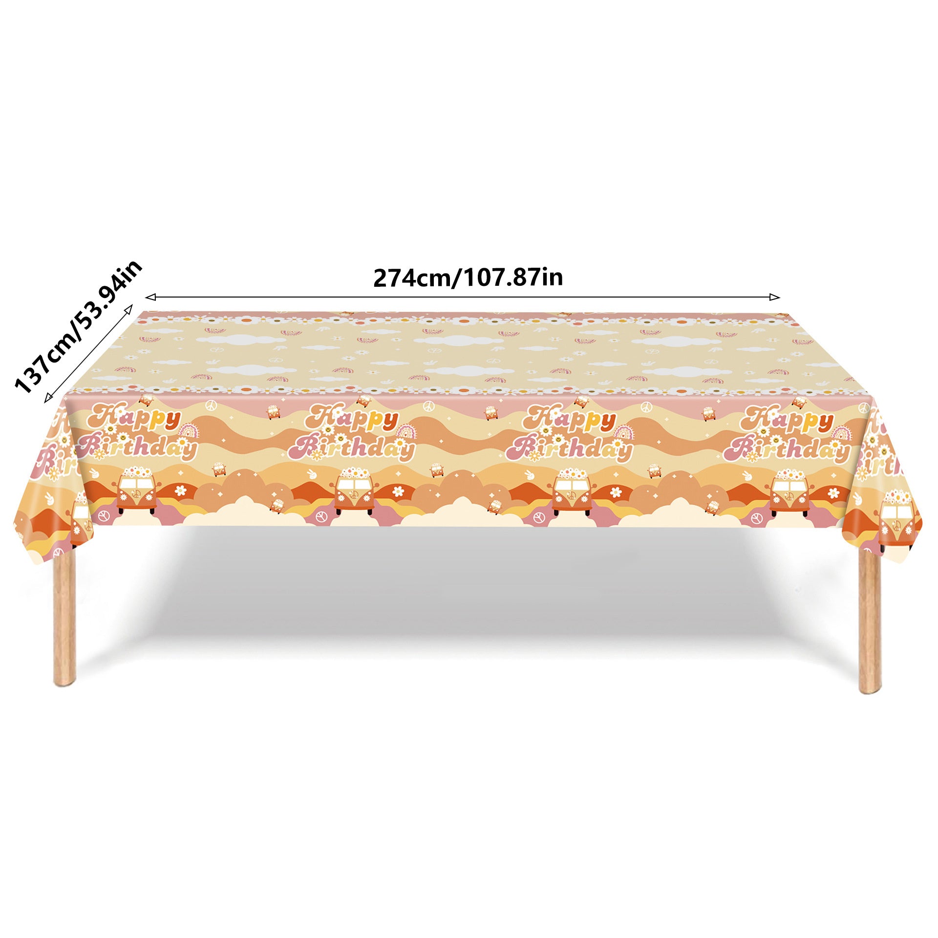 Rainbow Birthday Party Tablecloth, Disposable Hippie Bus Decoration