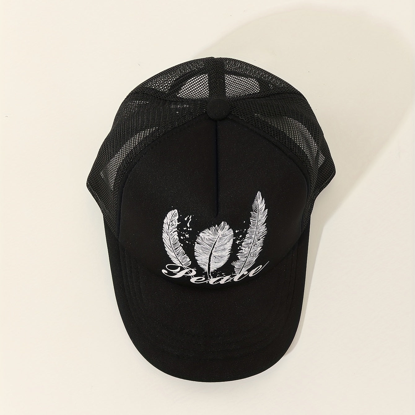 Peach Feather Print Trucker Hat Mesh Breathable Baseball Cap