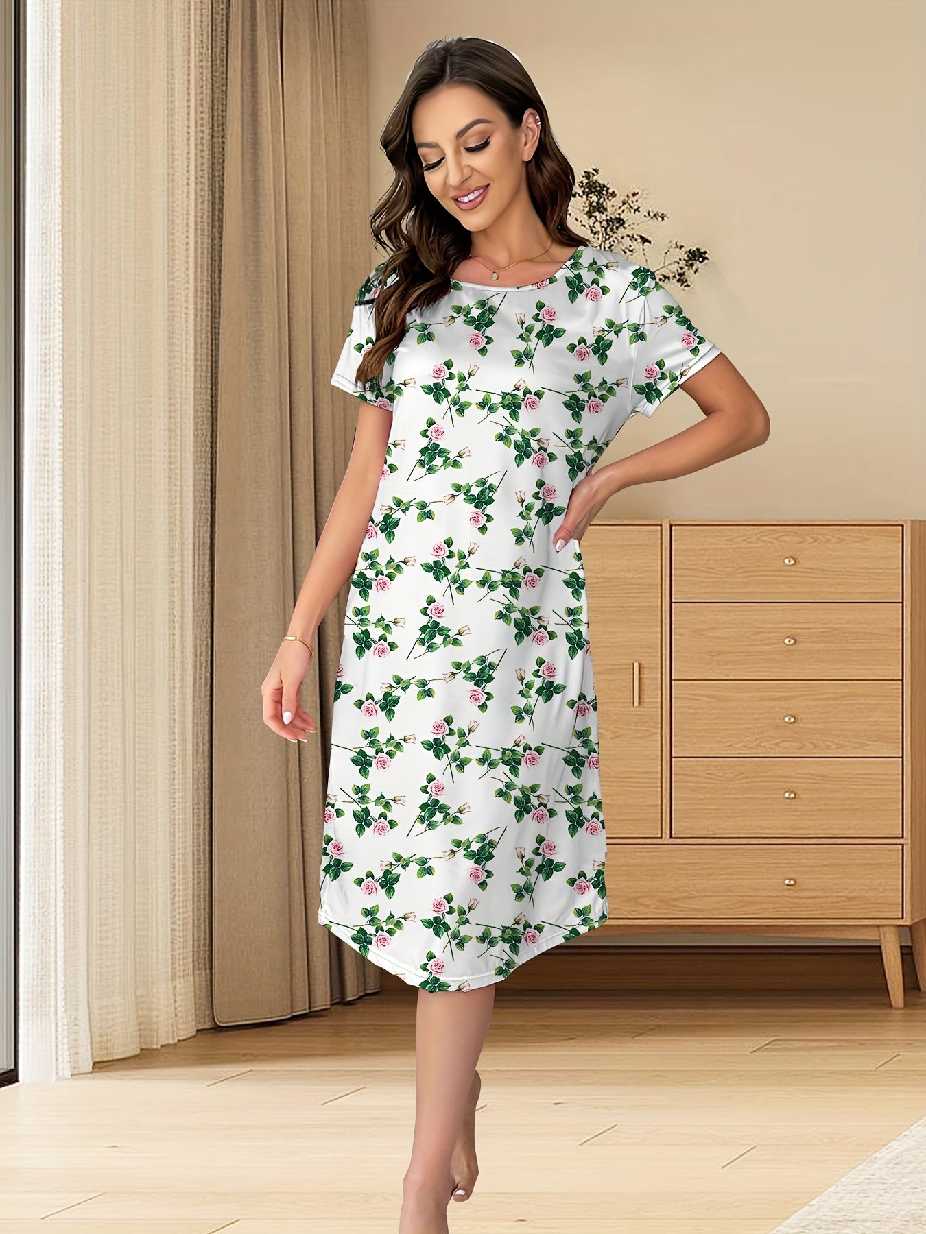 Floral Print Lounge Dress Short Sleeve Crew Neck Women's Loungewear