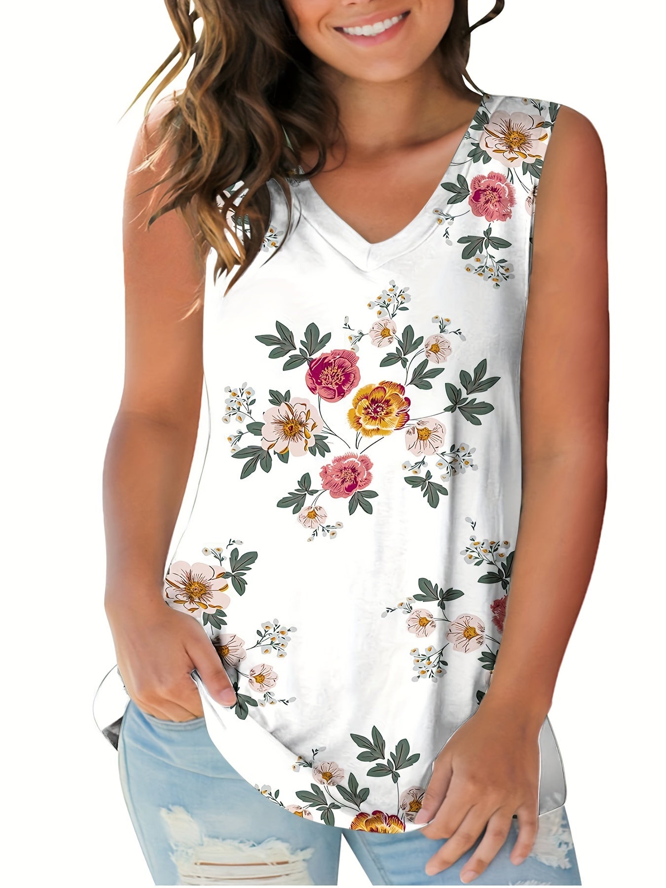  Floral Print V Neck Tank Top