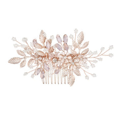 Rose Gold Hair Comb Crystal Floral Leaf Bridal Wedding Headpiece