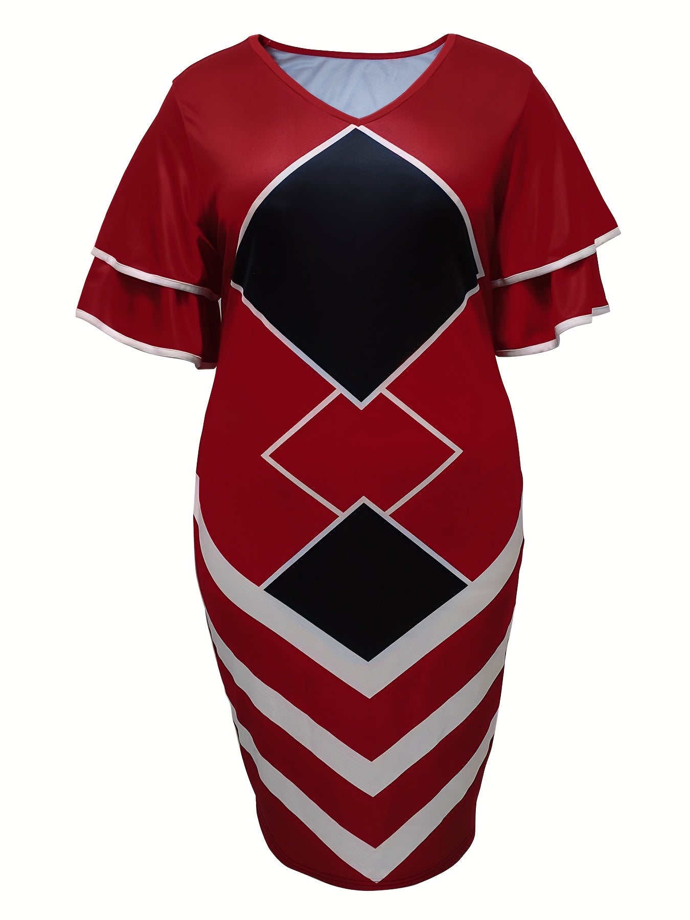  Colorblock Geometric Midi Dress V Neck Slim Fit