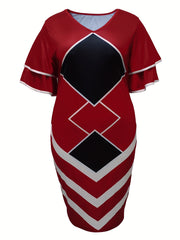  Colorblock Geometric Midi Dress V Neck Slim Fit