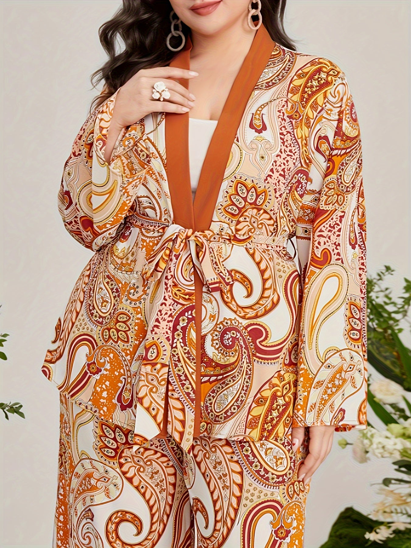 Women's Plus Paisley Print Long Sleeve Cardigan & Wide Leg Pants 2 Piece Set