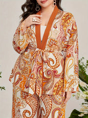 Women's Plus Paisley Print Long Sleeve Cardigan & Wide Leg Pants 2 Piece Set