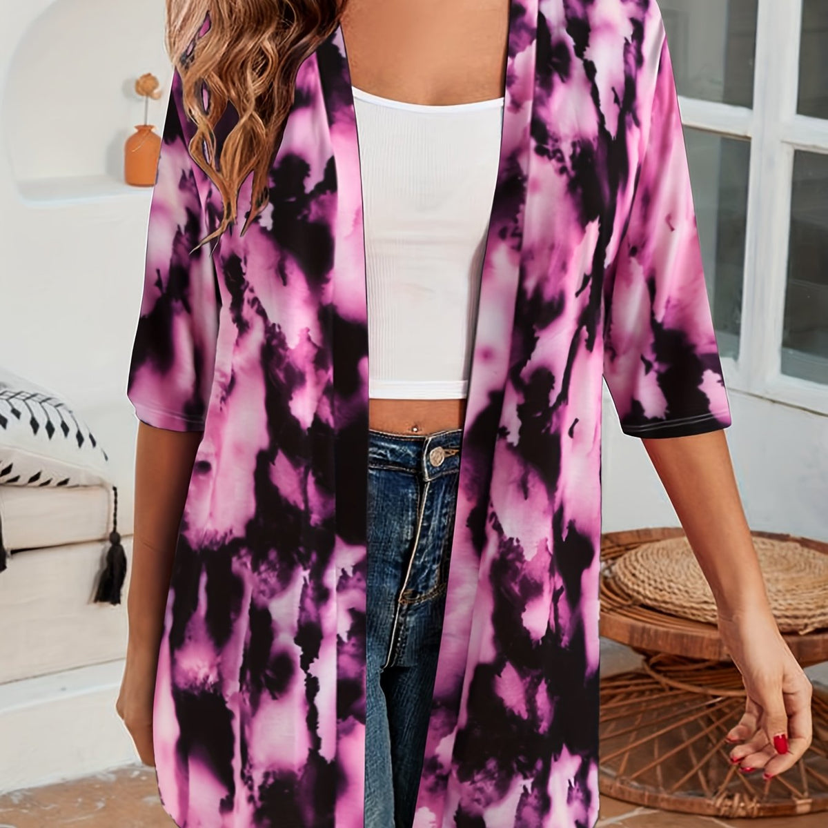  Tie Dye Half Sleeve Open Front Cardigan